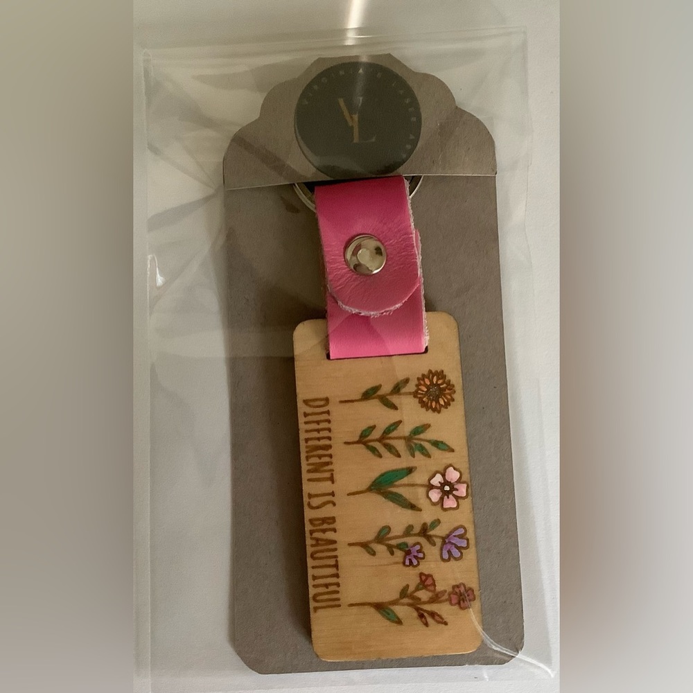 Floral Different is Beautiful wooden hand painted key fob